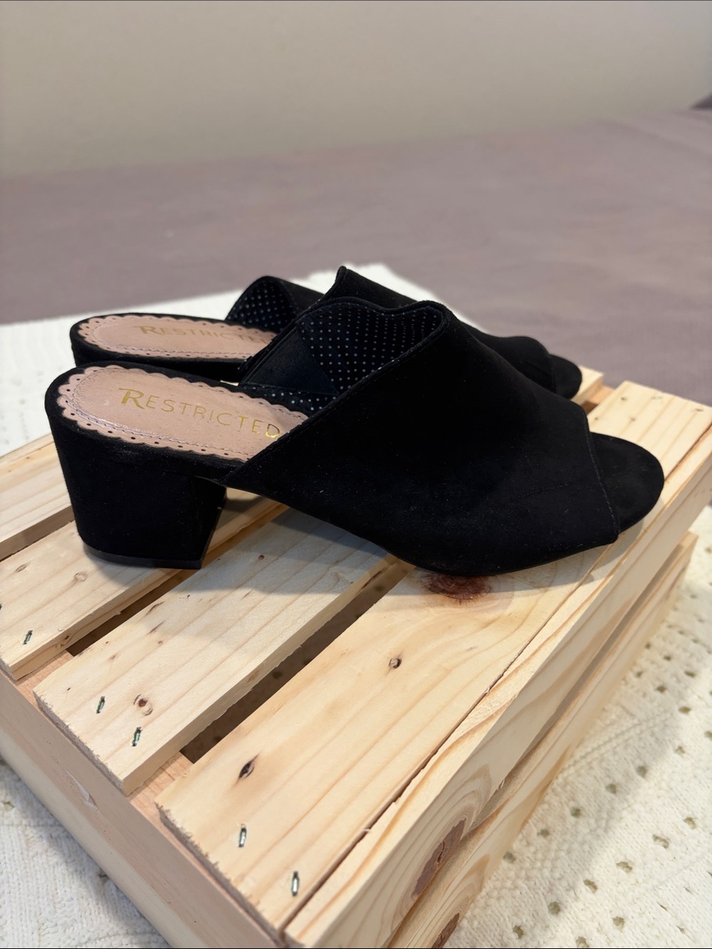 Restricted Black Suede Open-Toe Slip-On Block Heel Mules